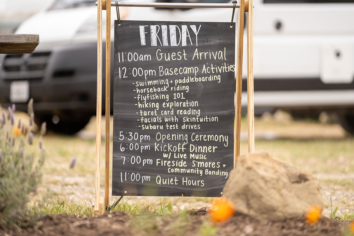 Friday schedule chalkboard of Basecamp activities
