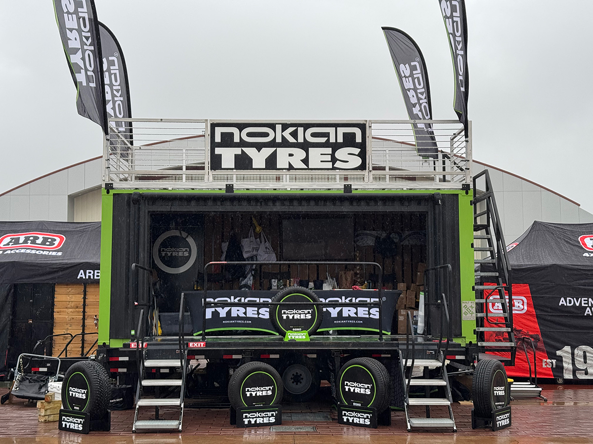 Nokian Tyres Hakka Hut at Overland Expo with flags and tire displays