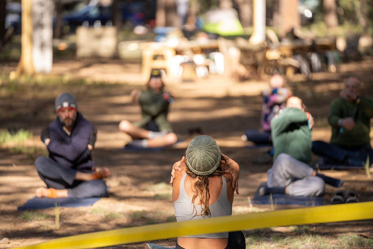 Morning yoga session in the woods