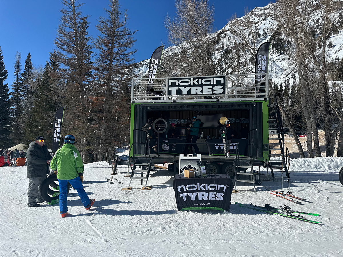 Nokian Tyres Hakka Hut at Snowbird with bluebird mountain backdrop