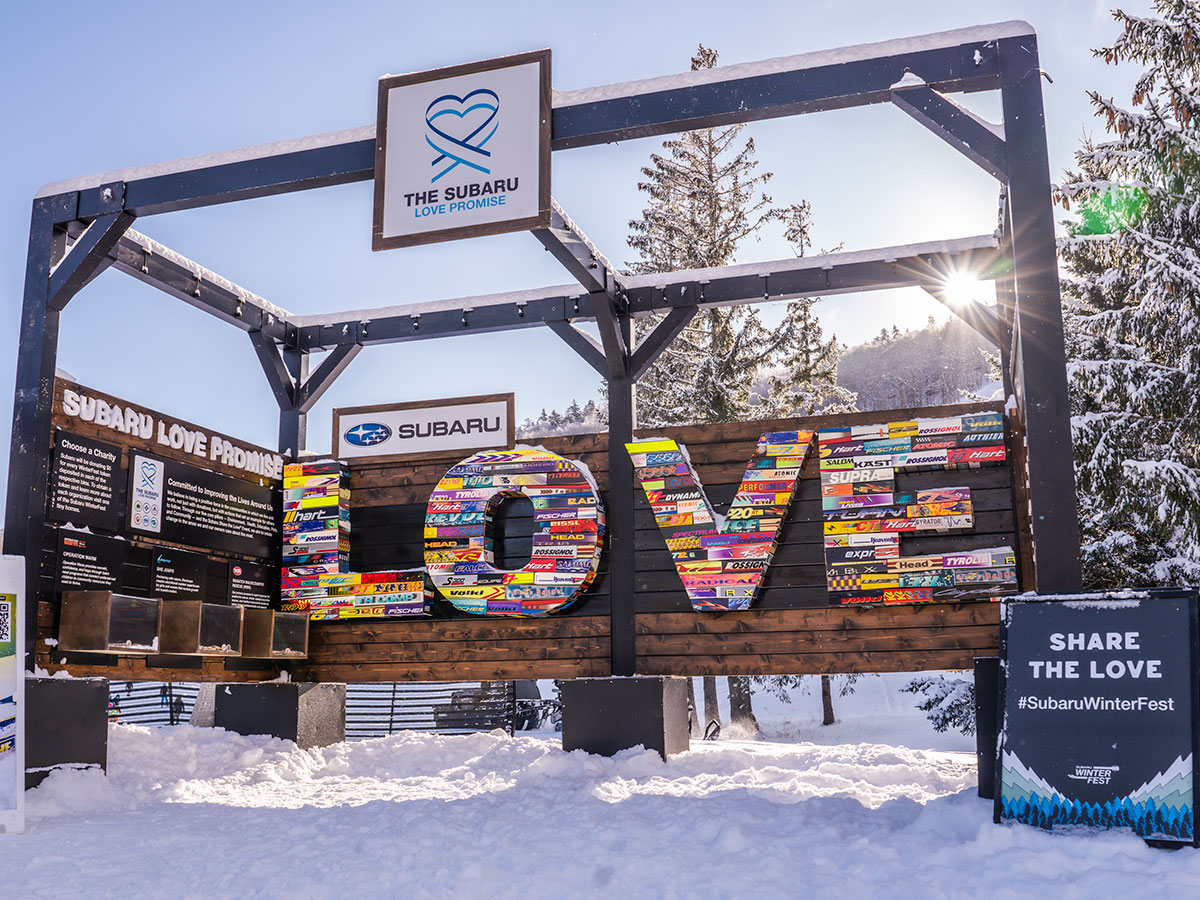 Subaru Love Promise LOVE sign built from reclaimed skis