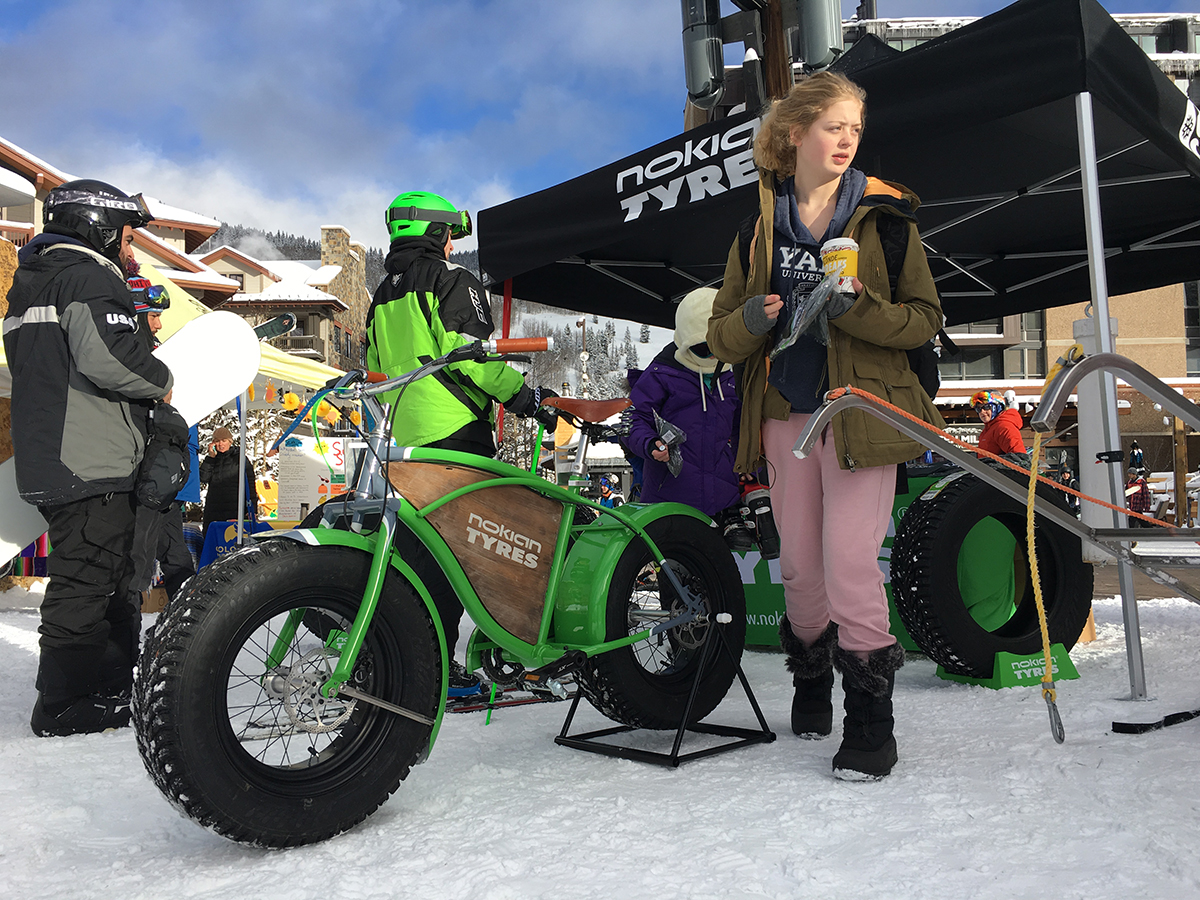 Nokian Tyres branded fat-tire bike on display in the snow