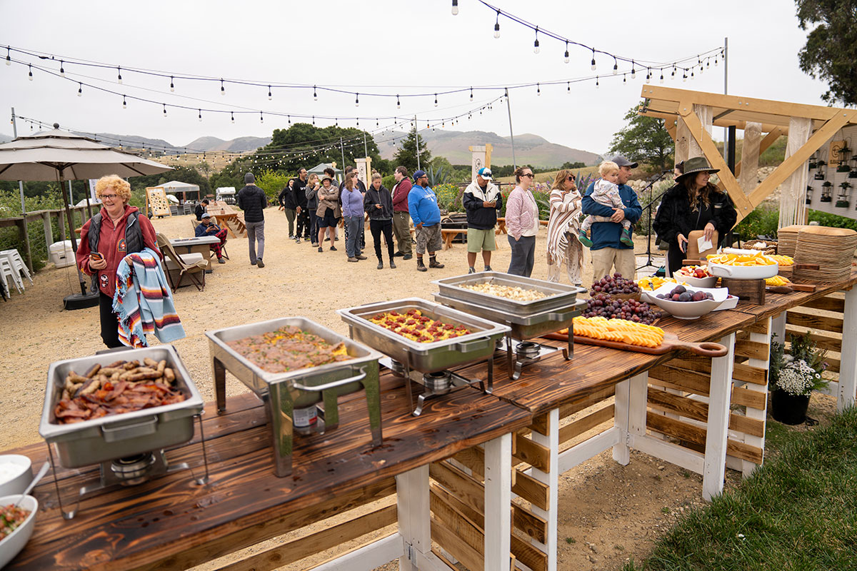 Outdoor buffet with guests gathering under string lights