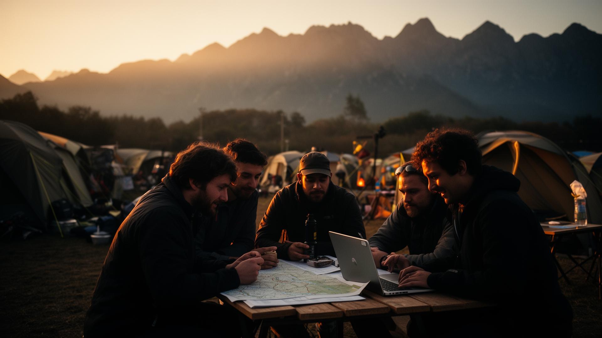 Rune crew planning an event at golden hour basecamp