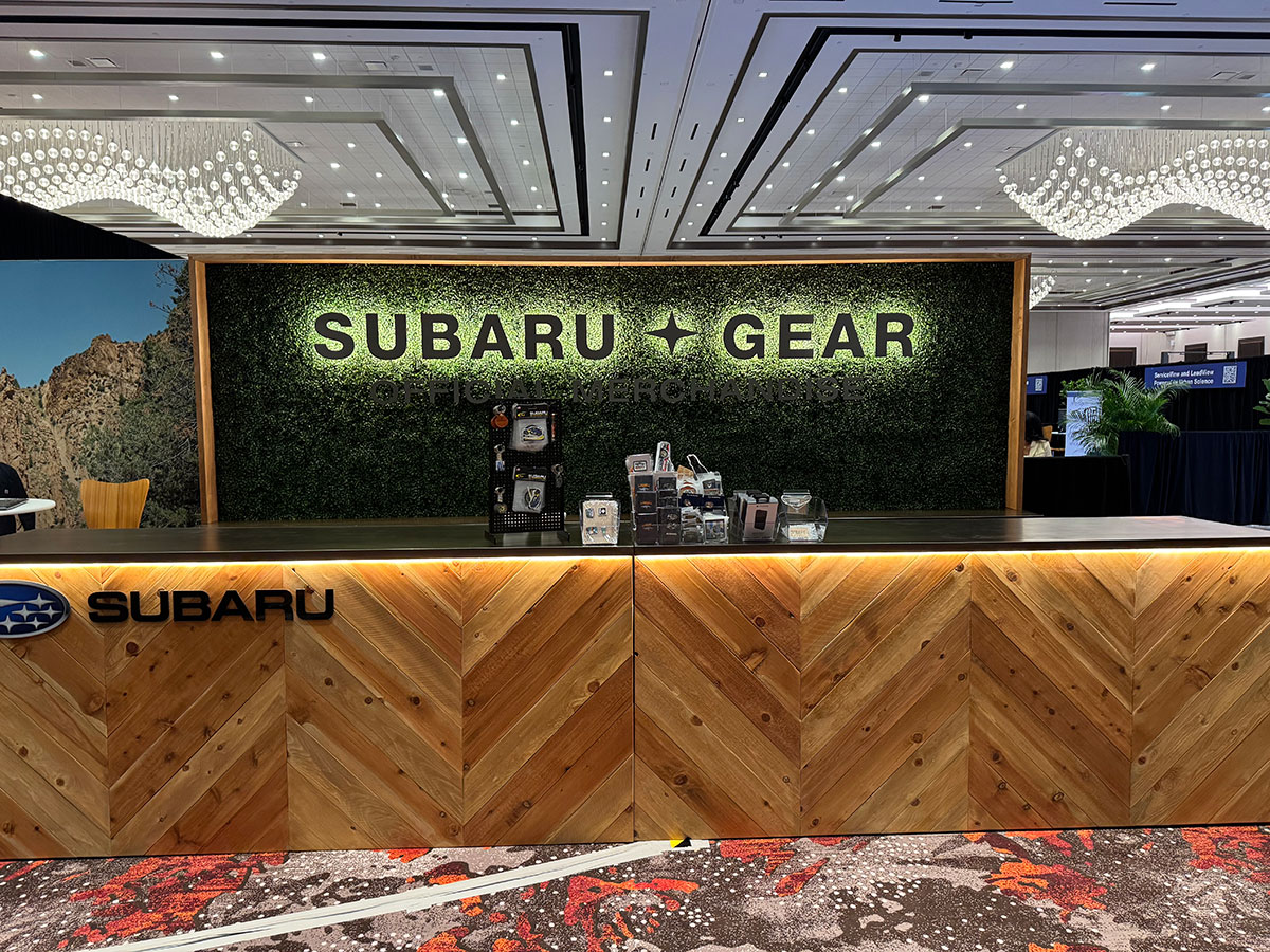 Subaru Gear official merchandise retail bar with cedar chevron facade