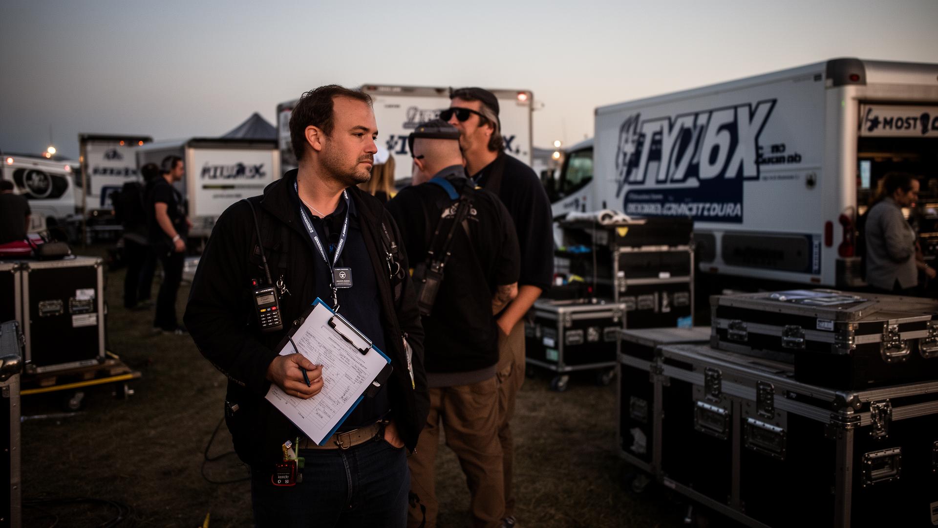 Tour crew advancing the next stop at dusk, surrounded by branded trucks and road cases